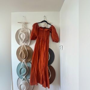 WORN ONCE ⭐️ off shoulder, rust orange maxi dress with embroidered polka dot